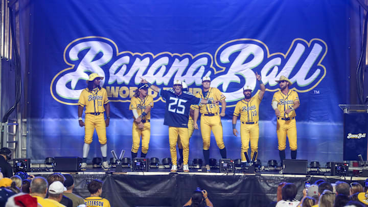 DR Meadows sports a Tennessee Titans jersey after announcing that the Savannah Bananas will play in Nashville during the 2025 Banana Ball World Tour City Draft on Thursday, October 3, 2024 at Historic Grayson Stadium.
