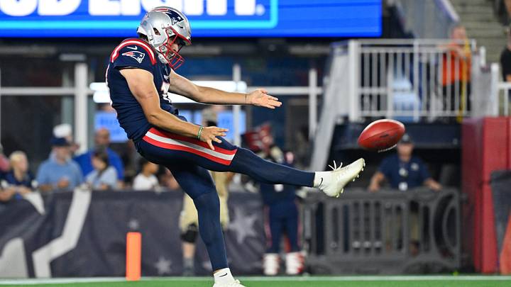 Aug 13, 2026; Foxborough, Massachusetts, USA; New England Patriots punter Bryce Baringer (17) punts the ball during the first half against the Indianapolis Colts at Gillette Stadium. Mandatory Credit: Eric Canha-Imagn Images Aug 13, 2026; Foxborough, Massachusetts, USA; New England Patriots punter Bryce Baringer (17) punts the ball during the first half against the Indianapolis Colts at Gillette Stadium. Mandatory Credit: Eric Canha-Imagn Images