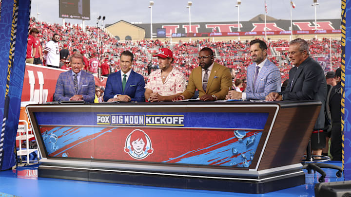 Sep 20, 2025; Salt Lake City, Utah, USA; The Fox Big Noon Kickoff broadcast team before the game between the Utah Utes and the Texas Tech Red Raiders at Rice-Eccles Stadium. Mandatory Credit: Rob Gray-Imagn Images