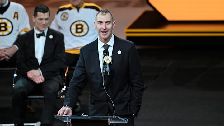 Jan 15, 2026; Boston, Massachusetts, USA; Former Boston Bruins Captain Zdeno Chara speaks at a ceremony to retire his number before a game between the Boston Bruins and the Seattle Kraken at TD Garden. Mandatory Credit: Eric Canha-Imagn Images