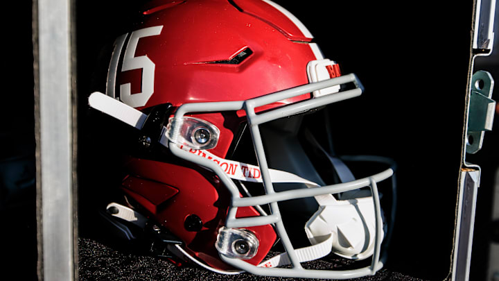 Nov 23, 2024; Norman, Oklahoma, USA; Alabama Crimson Tide helmet prior to a game against the Oklahoma Sooners at Gaylord Family-Oklahoma Memorial Stadium. Mandatory Credit: William Purnell-Imagn Images Nov 23, 2024; Norman, Oklahoma, USA; Alabama Crimson Tide helmet prior to a game against the Oklahoma Sooners at Gaylord Family-Oklahoma Memorial Stadium. Mandatory Credit: William Purnell-Imagn Images