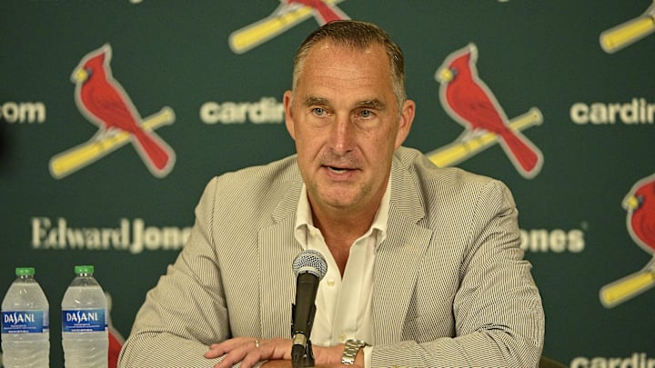 Jul 30, 2023; St. Louis, Missouri, USA; St. Louis Cardinals president of baseball operations John Mozeliak talks with the media after the Cardinals traded relief pitcher Jordan Hicks (not pictured) starting pitcher Jordan Montgomery (not pictured) and relief pitcher Chris Stratton (not pictured) at Busch Stadium. Mandatory Credit: Jeff Curry-Imagn Images Jul 30, 2023; St. Louis, Missouri, USA; St. Louis Cardinals president of baseball operations John Mozeliak talks with the media after the Cardinals traded relief pitcher Jordan Hicks (not pictured) starting pitcher Jordan Montgomery (not pictured) and relief pitcher Chris Stratton (not pictured) at Busch Stadium. Mandatory Credit: Jeff Curry-Imagn Images