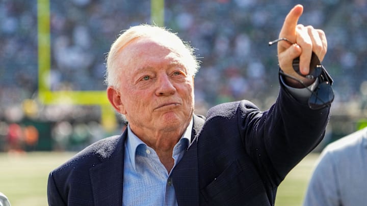 Dallas Cowboys Owner, President and general manager Jerry Jones stands on the field prior to a game against the New York Jets  at MetLife Stadium. Mandatory Credit: Robert Deutsch-Imagn Images