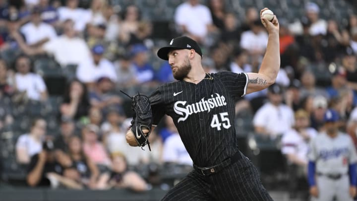 Jun 24, 2024; Chicago, Illinois, USA; Chicago White Sox pitcher Garrett Crochet (45) delivers against the Los Angeles Dodgers during the first inning at Guaranteed Rate Field. Jun 24, 2024; Chicago, Illinois, USA; Chicago White Sox pitcher Garrett Crochet (45) delivers against the Los Angeles Dodgers during the first inning at Guaranteed Rate Field.