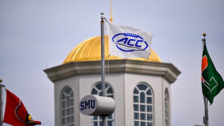 Nov 22, 2025; Dallas, Texas, USA;  A view of the ACC logo on a flag during the game between the Mustangs and the Cardinals at Gerald J. Ford Stadium. Mandatory Credit: Jerome Miron-Imagn Images