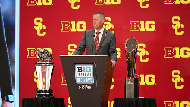 Jul 24, 2025; Las Vegas, NV, USA; USC head coach Lincoln Riley speaks to the media during the Big Ten NCAA college football media days at Mandalay Bay Resort. Mandatory Credit: Lucas Peltier-Imagn Images