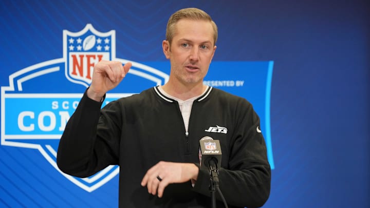 Feb 25, 2025; Indianapolis, IN, USA; New York Jets general manager Darren Mougey speaks during the NFL Scouting Combine at the Indiana Convention Center. Mandatory Credit: Kirby Lee-Imagn Images