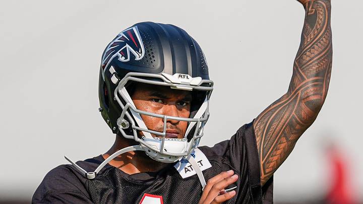 Jul 30, 2026; Atlanta, Falcons, USA; Atlanta Falcons quarterback Tua Tagovailoa (1) shown on the field during training camp at IBM Performance Field. Mandatory Credit: Dale Zanine-Imagn Images