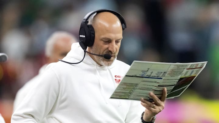 Feb 9, 2025; New Orleans, LA, USA;  Kansas City Chiefs offensive coordinator Matt Nagy against the Philadelphia Eagles in Super Bowl LIX at Ceasars Superdome. Mandatory Credit: Mark J. Rebilas-Imagn Images