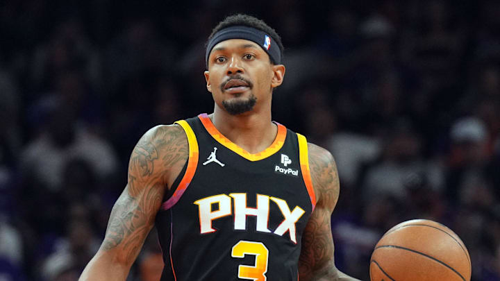 Apr 28, 2024; Phoenix, Arizona, USA; Phoenix Suns guard Bradley Beal (3) dribbles against the