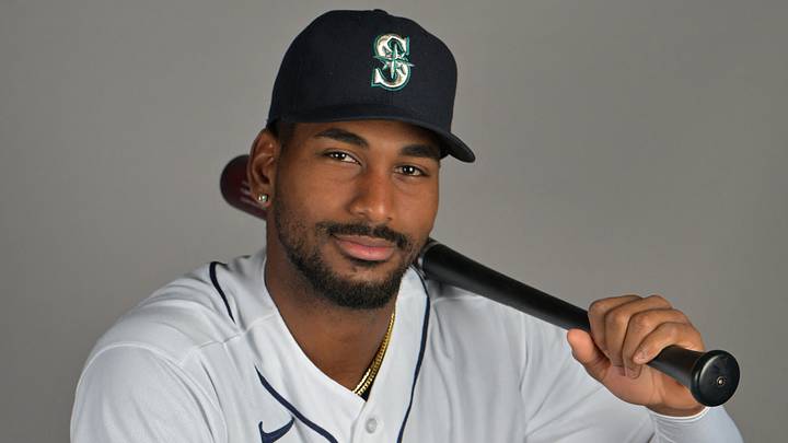 Feb 19, 2026; Peoria, AZ, USA; Seattle Mariners right fielder Lazaro Montes (99) during spring training photo day in Peoria, AZ. Mandatory Credit: Jayne Kamin-Oncea-Imagn Images