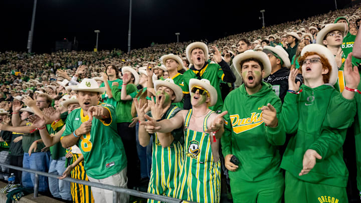 Oregon fans dance to “Shout” as the Oregon Ducks host the Minnesota Golden Gophers on Nov. 14, 2025, at Autzen Stadium in Eugene, Oregon.