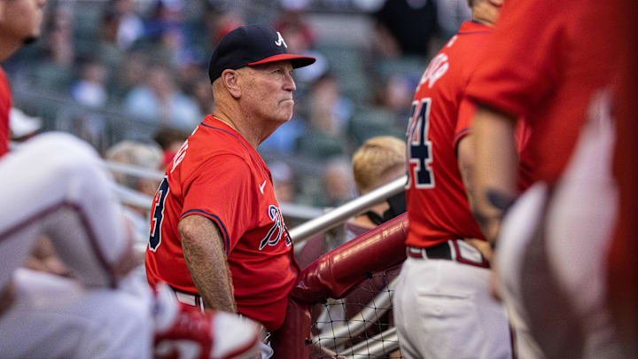 Aug 23, 2024; Cumberland, Georgia, USA; Atlanta Braves manager Brian Snitker (43) in the game against Washington Nationals during the third inning at Truist Park.