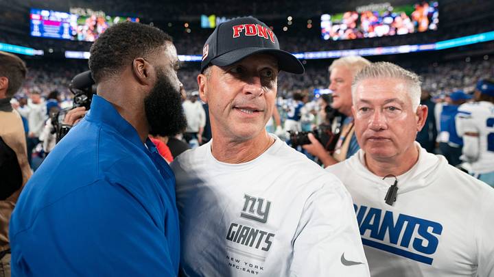 New York Giants head coach John Harbaugh talks with coaches following a 28-20 victory during a week one opening game between the New York Giants and Dallas Cowboys at Metlife Stadium on Sunday, Sept. 13, 2026, in East Rutherford, NJ.