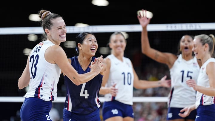 Aug 4, 2024; Paris, France; United States outside hitter Kelsey Robinson (23) and libero Justine Wong-Orantes (4) reacts after a play against France in a pool A match during the Paris 2024 Olympic Summer Games at South Paris Arena 1. Aug 4, 2024; Paris, France; United States outside hitter Kelsey Robinson (23) and libero Justine Wong-Orantes (4) reacts after a play against France in a pool A match during the Paris 2024 Olympic Summer Games at South Paris Arena 1.