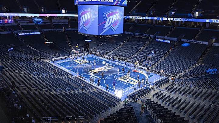 Nov 15, 2024; Oklahoma City, Oklahoma, USA; An overall view of the Oklahoma City Thunder's NBA Cup Court before the game against the Phoenix Suns at Paycom Center. Mandatory Credit: Alonzo Adams-Imagn Images