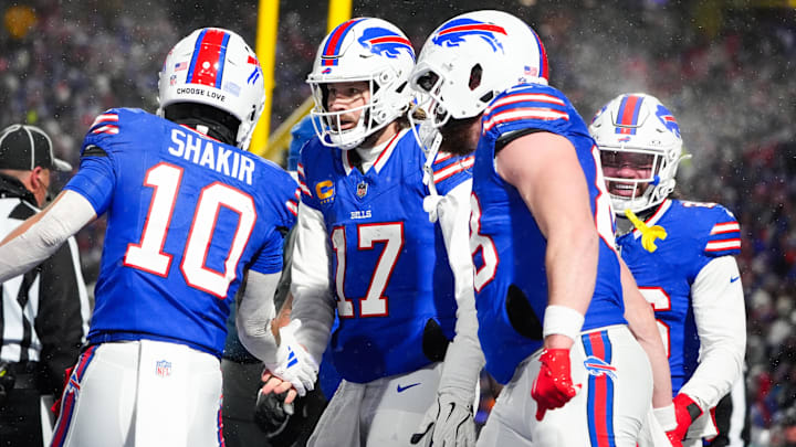 Buffalo Bills quarterback Josh Allen celebrates with wide receiver Khalil Shakir after scoring a touchdown during the second quarter against the Baltimore Ravens.