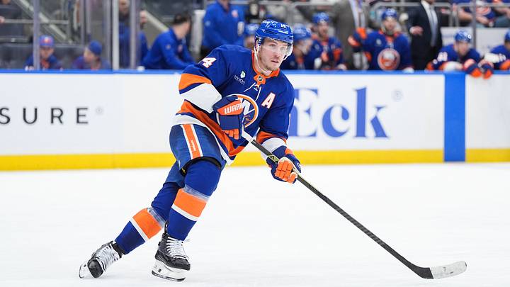 Apr 3, 2026; Elmont, New York, USA;  New York Islanders forward Bo Horvat skates up ice during the third period against the Philadelphia Flyers at UBS Arena. Mandatory Credit: Alexander Wohl-Imagn Images