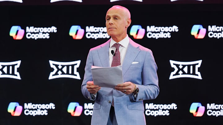 Jul 8, 2025; Frisco, TX, USA; Big 12 Commissioner Brett Yormark addresses the media during the 2025 Big 12 Football Media Days at The Star. Mandatory Credit: Raymond Carlin III-Imagn Images Jul 8, 2025; Frisco, TX, USA; Big 12 Commissioner Brett Yormark addresses the media during the 2025 Big 12 Football Media Days at The Star. Mandatory Credit: Raymond Carlin III-Imagn Images
