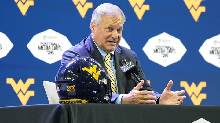 Jul 8, 2026; Frisco, TX, USA;  West Virginia head coach Rich Rodriguez speaks to reporters during Big 12 Conference Football Media Days at The Star. Mandatory Credit: Raymond Carlin III-Imagn Images