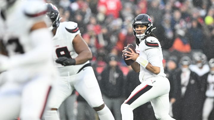 Jan 18, 2026; Foxborough, MA, USA; Houston Texans quarterback C.J. Stroud (7) looks to throw in the first quarter against the New England Patriots in an AFC Divisional Round game at Gillette Stadium. Mandatory Credit: Brian Fluharty-Imagn Images