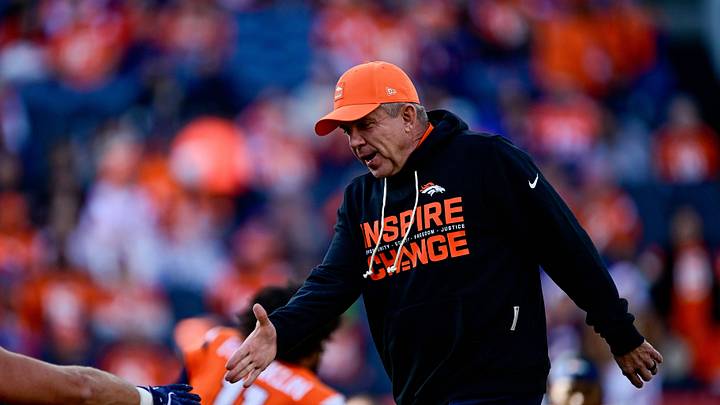 DENVER, CO - DECEMBER 21: Denver Broncos head coach Sean Payton shakes hands with players as they warm up before a game between the Jacksonville Jaguars and the Denver Broncos at Empower Field at Mile High on December 21, 2025 in Denver, Colorado. 