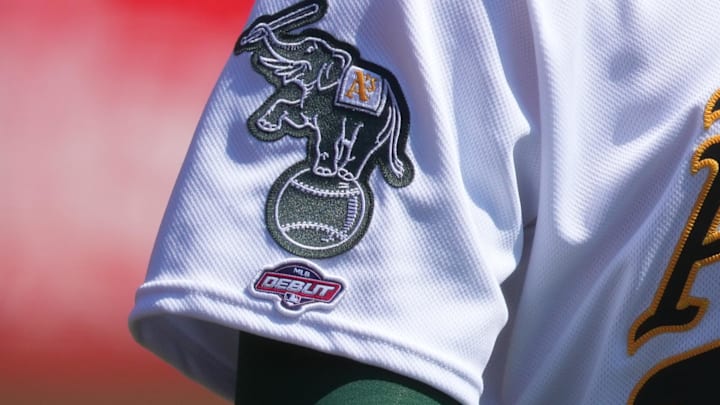 Sep 17, 2023; Oakland, California, USA; A view of the MLB Debut patch on the sleeve of Oakland Athletics starting pitcher Joe Boyle (35) before the game against the San Diego Padres at Oakland-Alameda County Coliseum. Mandatory Credit: Darren Yamashita-Imagn Images
