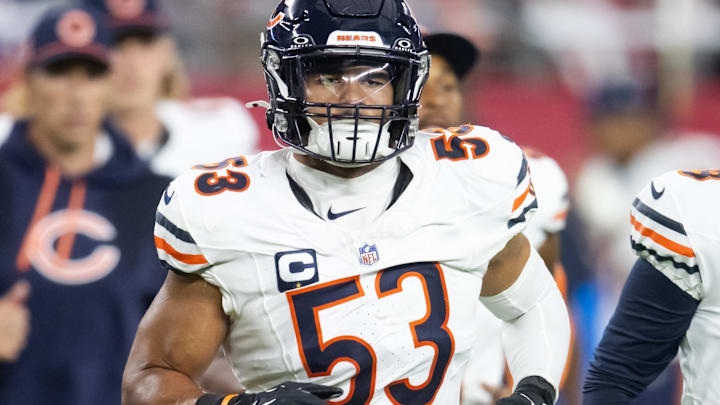 Nov 3, 2024; Glendale, Arizona, USA; Chicago Bears linebacker T.J. Edwards (53) against the Arizona Cardinals at State Farm Stadium. Mandatory Credit: Mark J. Rebilas-Imagn Images