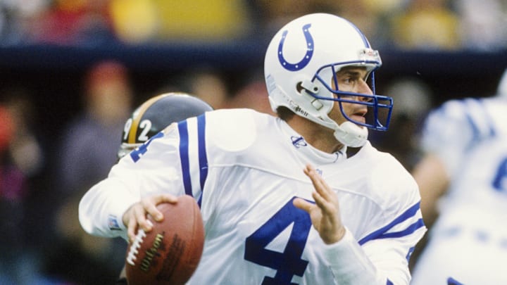 Dec 29, 1996; Pittsburgh, PA, USA; FILE PHOTO; Indianapolis Colts quarterback Jim Harbaugh (4) in action against the Pittsburgh Steelers during the 1996 AFC Wild Card game at Riverfront Stadium. The Steelers defeated the Colts 42-14. Dec 29, 1996; Pittsburgh, PA, USA; FILE PHOTO; Indianapolis Colts quarterback Jim Harbaugh (4) in action against the Pittsburgh Steelers during the 1996 AFC Wild Card game at Riverfront Stadium. The Steelers defeated the Colts 42-14.
