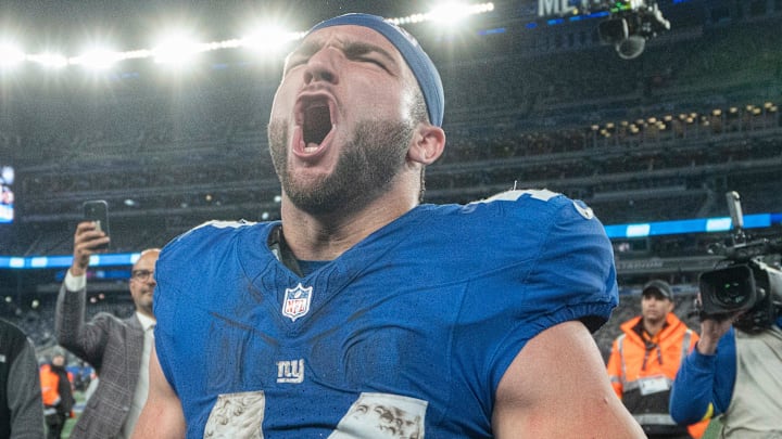 New York Giants running back Cam Skattebo (44) screams after winning a Thursday Night Football game between the New York Giants and the Philadelphia Eagles at MetLife Stadium in East Rutherford on Oct. 9, 2025.
