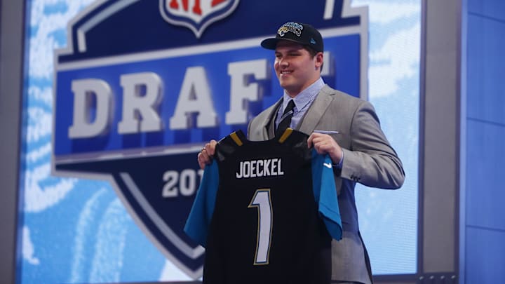 Apr 25, 2013; New York, NY, USA; Luke Joeckel (Texas A&M) is introduced as the number two overall pick to the Jacksonville Jaguars during the 2013 NFL Draft at Radio City Music Hall. Mandatory Credit: Jerry Lai-Imagn Images