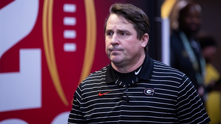 Jan 9, 2023; Inglewood, CA, USA; Georgia Bulldogs co-defensive coordinator Will Muschamp against the TCU Horned Frogs during the CFP national championship game at SoFi Stadium. Mandatory Credit: Mark J. Rebilas-Imagn Images