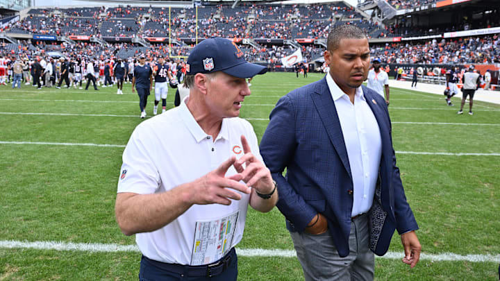 Aug 13, 2022; Chicago, Illinois, USA;  Chicago Bears head coach Matt Eberflus, left, and general