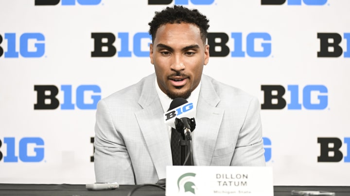 Jul 24, 2024; Indianapolis, IN, USA; Michigan State Spartans defensive back Dillon Tatum speaks to the media during the Big 10 football media day at Lucas Oil Stadium. Mandatory Credit: Robert Goddin-USA TODAY Sports Jul 24, 2024; Indianapolis, IN, USA; Michigan State Spartans defensive back Dillon Tatum speaks to the media during the Big 10 football media day at Lucas Oil Stadium. Mandatory Credit: Robert Goddin-USA TODAY Sports