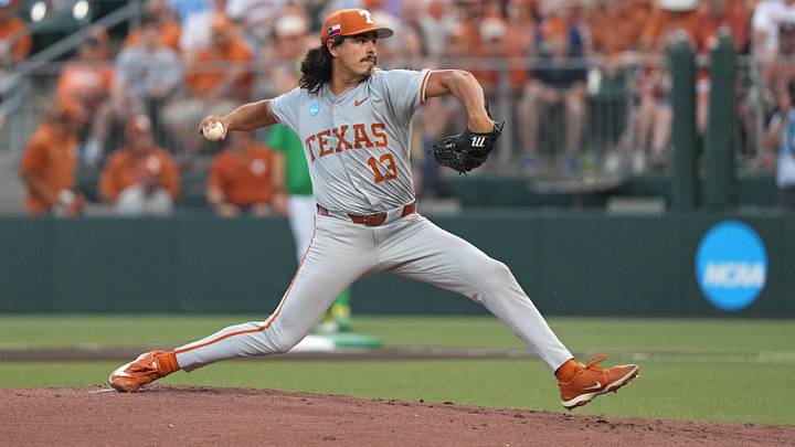 Texas Longhorns pitcher Ruger Riojas fires in a pitch against the Oregon Ducks in the Austin Super Regional. Texas Longhorns pitcher Ruger Riojas fires in a pitch against the Oregon Ducks in the Austin Super Regional.