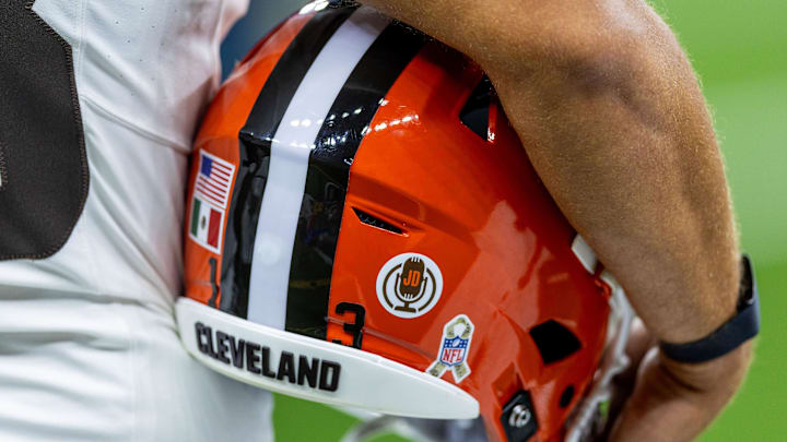 Nov 17, 2024; New Orleans, Louisiana, USA;  Detailed view of a Cleveland Browns helmet on a time out against the New Orleans Saints during the first half at Caesars Superdome. Mandatory Credit: Stephen Lew-Imagn Images