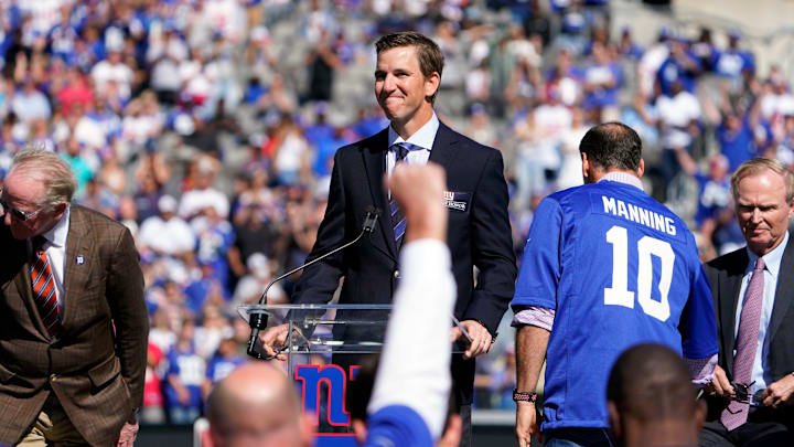 The New York Giants retire Eli Manning's jersey during a Ring of Honor ceremony at MetLife Stadium in East Rutherford on Sunday, Sept. 26, 2021.