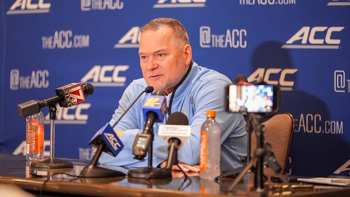 Oct 7, 2026; Charlotte, NC, USA;  UNC Tar Heels head coach Michael Malone answers questions from the media during the ACC Tip-Off in Charlotte, NC.  Mandatory Credit: Jim Dedmon-Imagn Images