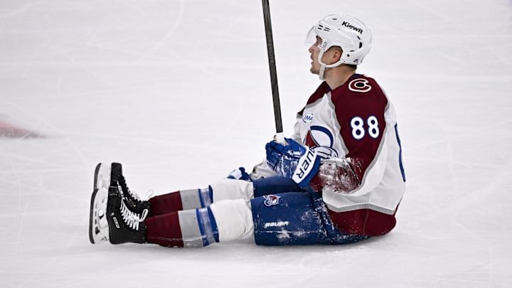 May 3, 2025; Dallas, Texas, USA; Colorado Avalanche center Martin Necas (88) during the game between the Dallas Stars and the Colorado Avalanche in game seven of the first round of the 2025 Stanley Cup Playoffs at American Airlines Center. Mandatory Credit: Jerome Miron-Imagn Images