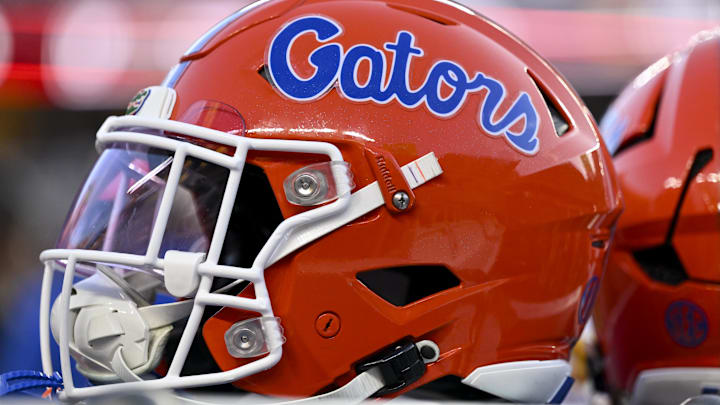Oct 11, 2025; College Station, Texas, USA; A detail view of a Florida Gators helmet on the sideline during the first half against the Texas A&M Aggies at Kyle Field. Mandatory Credit: Maria Lysaker-Imagn Images 