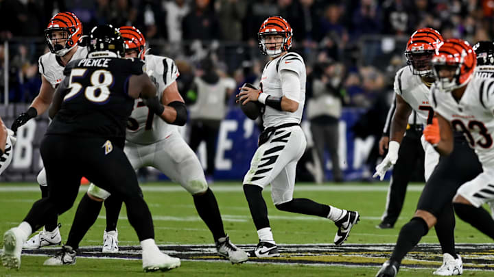 Nov 16, 2023; Baltimore, Maryland, USA; Cincinnati Bengals quarterback Joe Burrow (9) looks to pass