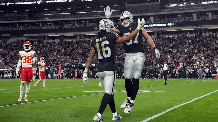 Nov 26, 2023; Paradise, Nevada, USA; Las Vegas Raiders wide receiver Jakobi Meyers (16) and tight Nov 26, 2023; Paradise, Nevada, USA; Las Vegas Raiders wide receiver Jakobi Meyers (16) and tight