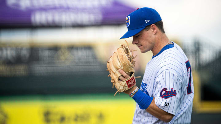 Iowa Cubs player Matt Shaw stands at third base during the first inning against Columbus on Thursday, Aug. 15, 2024, at Principal Park.
