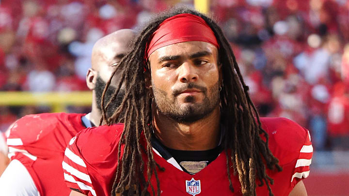 Oct 6, 2024; Santa Clara, California, USA; San Francisco 49ers linebacker Fred Warner (54) after the game against the Arizona Cardinals at Levi's Stadium. Mandatory Credit: Kelley L Cox-Imagn Images