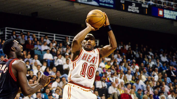 Unknown date, 1998; Miami, FL; USA; FILE PHOTO; Miami Heat guard Tim Hardaway (10) attempts a shot against the Philadelphia 76ers at the Miami Arena. Mandatory Credit: RVR Photos-Imagn Images