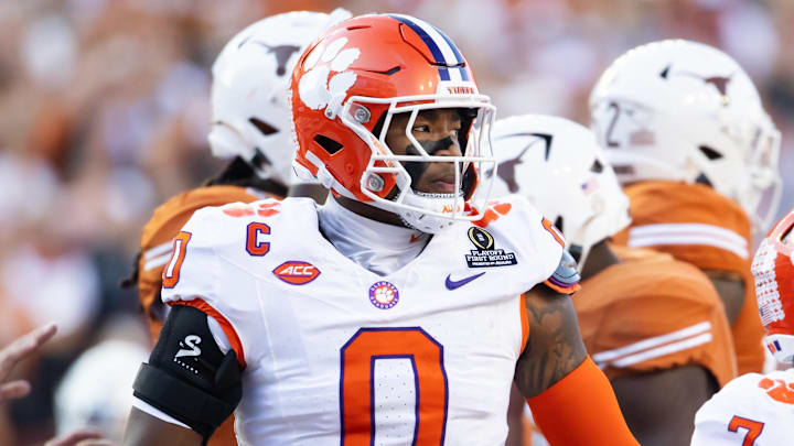 Dec 21, 2024; Austin, Texas, USA; Clemson Tigers linebacker Barrett Carter (0) against the Texas Longhorns during the CFP National playoff first round at Darrell K Royal-Texas Memorial Stadium. Mandatory Credit: Mark J. Rebilas-Imagn Images