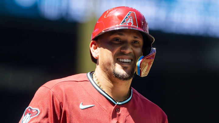 Apr 1, 2026; Phoenix, Arizona, USA; Arizona Diamondbacks second baseman Ildemaro Vargas against the Detroit Tigers at Chase Field. Mandatory Credit: Mark J. Rebilas-Imagn Images