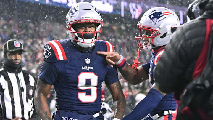 Jan 18, 2026; Foxborough, MA, USA; New England Patriots wide receiver Kayshon Boutte (9) celebrates a touchdown in the fourth quarter against the Houston Texans in an AFC Divisional Round game at Gillette Stadium. 