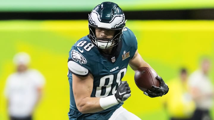 Feb 9, 2025; New Orleans, LA, USA; Philadelphia Eagles  tight end Dallas Goedert (88) against the Kansas City Chiefs during Super Bowl LIX at Ceasars Superdome. Mandatory Credit: Mark J. Rebilas-Imagn Images