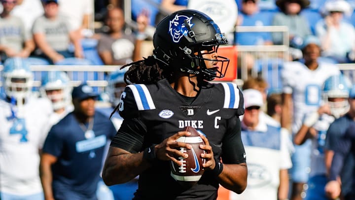 Sep 28, 2024; Durham, North Carolina, USA; Duke Blue Devils quarterback Maalik Murphy (6) prepares to throw the football during the first half of the game against North Carolina Tar Heels at Wallace Wade Stadium.